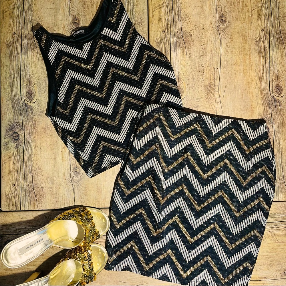 Missguided women’s metallic bodycon crop top & coordinated mini skirt set sz 4/6